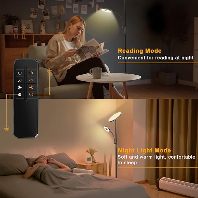 LED Floor Lamp, 4300LM 42W Bright Standing Lamp with Gooseneck Reading Light, 2700K-6500K Stepless Dimming Modern Torchiere Lamp with Remote/Touch Control, 69" Tall Lamp for Living Room Bedroom Office - LeafyLoom