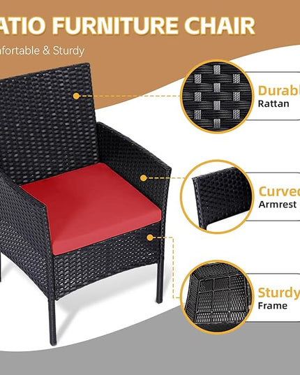 Patio Furniture Set 3 Pieces All-Weather Rattan Outdoor Furniture Patio Chairs with Tempered Glass Table for Porch Bistro Balcony Bistro Set(Black/Red) - LeafyLoom