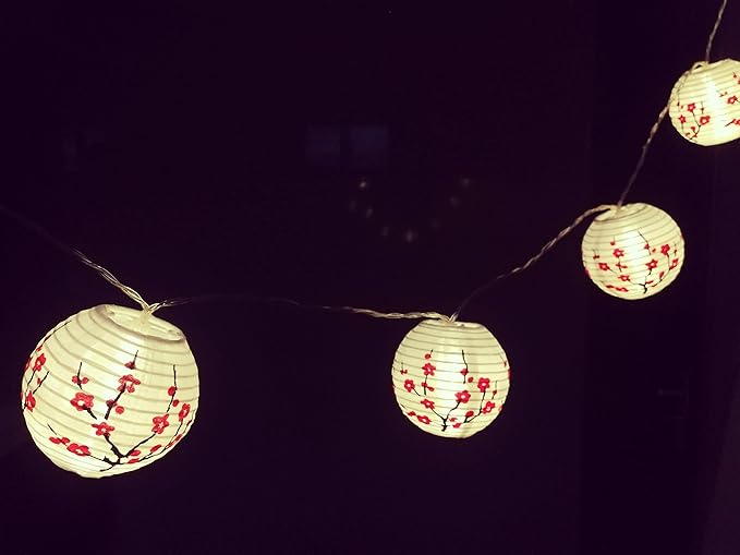 JYWJ Sakura (Cherry) Flowers White Color Chinese/Japanese Small Cloth Lantern/Lamp 3" Diameter LED String Light Length 78.7" 2-AA Battery Powered & USB Charger Gift for Kids (Red) - LeafyLoom