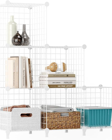 Wolizom Wire Cube Storage, Metal Grids Shelves Bookshelf, Stackable Modular Shelving Organizer, DIY Closet Bookcase Bookshelf, Grid Storage Shelf for Bedroom, Living Room, Office (White, 6 Cube) - LeafyLoom