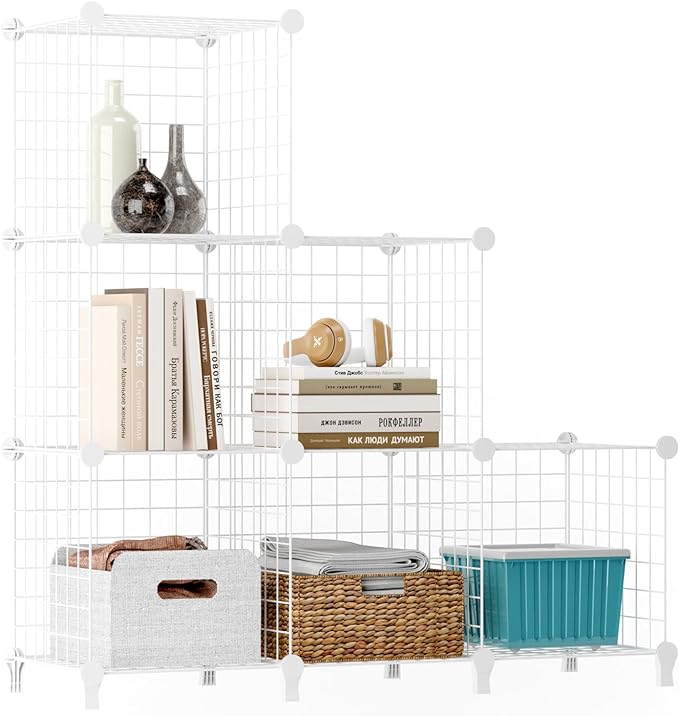 Wolizom Wire Cube Storage, Metal Grids Shelves Bookshelf, Stackable Modular Shelving Organizer, DIY Closet Bookcase Bookshelf, Grid Storage Shelf for Bedroom, Living Room, Office (White, 6 Cube) - LeafyLoom
