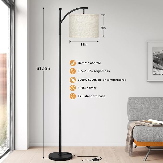 Ambimall Floor Lamp with Remote Control and Stepless Dimmable Bulb, Colors Temperature & Brightness Adjustable, Modern Floor Lamps for Living Room（Beige Shade & Black Pole） - LeafyLoom