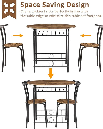 VECELO 3 Piece Small Round Dining Table Set for Kitchen Breakfast Nook, Wood Grain Tabletop with Wine Storage Rack, Save Space, 31.5", Antique & Black - LeafyLoom