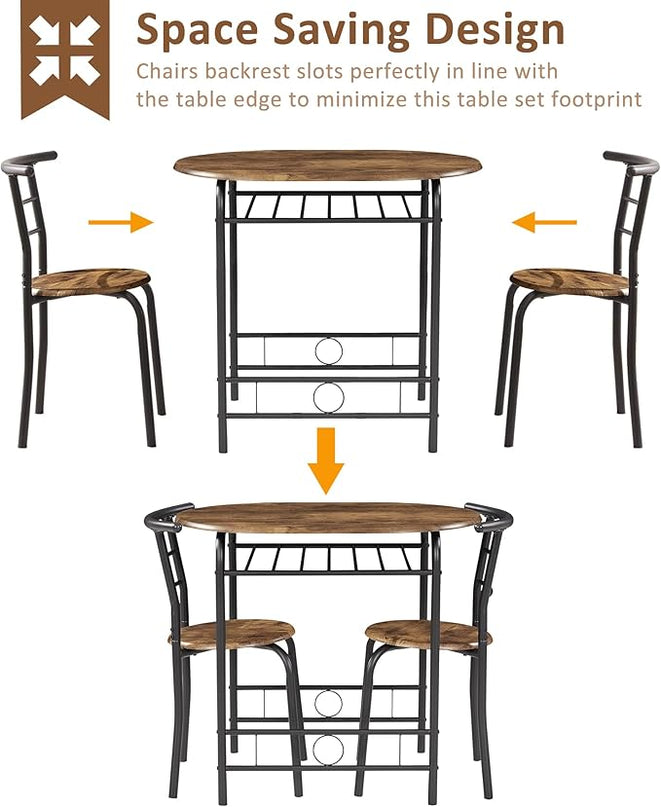 VECELO 3 Piece Small Round Dining Table Set for Kitchen Breakfast Nook, Wood Grain Tabletop with Wine Storage Rack, Save Space, 31.5", Antique & Black - LeafyLoom