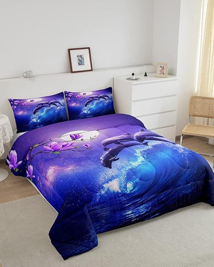 Erosebridal Galaxy Dolphin Comforter Set Full,Coastal Ocean Waves Comforter Sky Starry Moon Stars Cherry Blossoms Bedding Set for Girls Teen yough women Sea Animal Quilted Duvet Purple Blue 3 Pcs - LeafyLoom