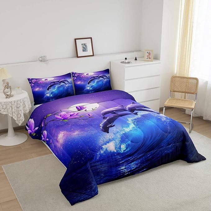 Erosebridal Galaxy Dolphin Comforter Set Full,Coastal Ocean Waves Comforter Sky Starry Moon Stars Cherry Blossoms Bedding Set for Girls Teen yough women Sea Animal Quilted Duvet Purple Blue 3 Pcs - LeafyLoom