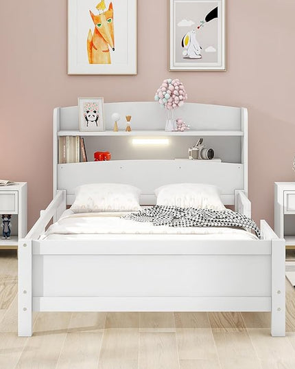 Twin Size Platform Bed with Built-in LED Light,Multi-functional Wood Beds Frame,w/ 2 Storage Shelves Headboard and Guardrail,for Apartment,Bedroom,Living Room,White - LeafyLoom