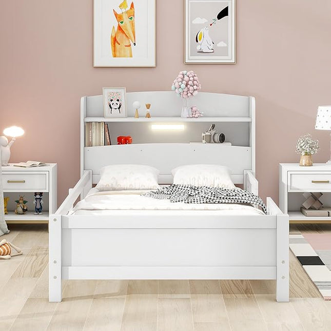Twin Size Platform Bed with Built-in LED Light,Multi-functional Wood Beds Frame,w/ 2 Storage Shelves Headboard and Guardrail,for Apartment,Bedroom,Living Room,White - LeafyLoom