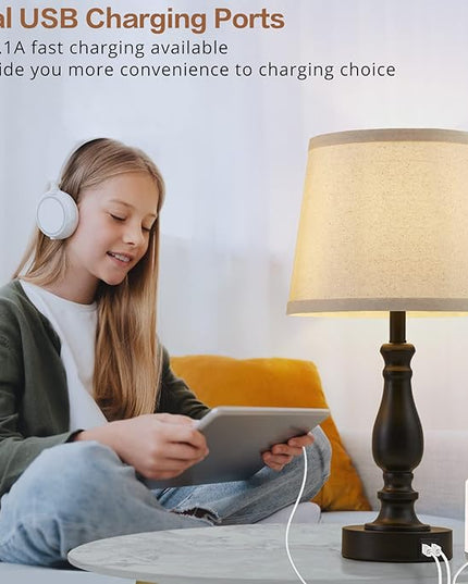 Lamps for Bedrooms Set of 2, Touch Bedside Table Lamps with USB Ports, 3 Way Dimmable Nightstand Lamps with Round Fabric Linen Lampshade for Living Room Reading Bed Side End Table, Bulbs Included - LeafyLoom