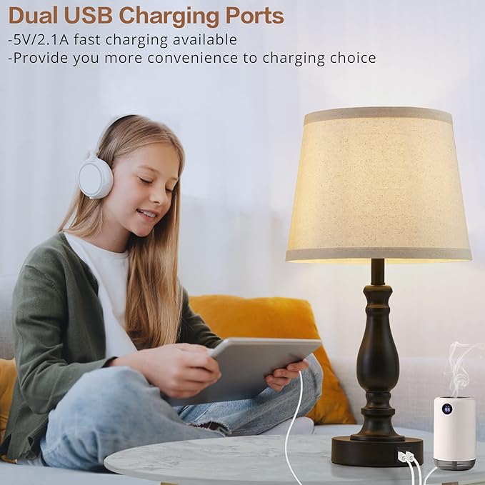 Lamps for Bedrooms Set of 2, Touch Bedside Table Lamps with USB Ports, 3 Way Dimmable Nightstand Lamps with Round Fabric Linen Lampshade for Living Room Reading Bed Side End Table, Bulbs Included - LeafyLoom