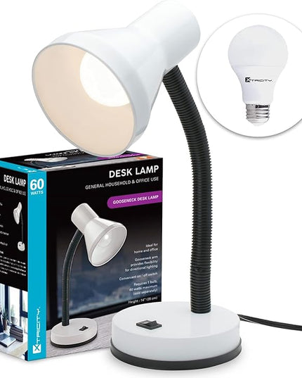 Xtricity Metal Desk Lamp with Adjustable Gooseneck Arm, 6W A19 LED Bulb Included, 120 Volt, Convenient On/Off Switch, 14" Inch Tall (36cm), White Finish - LeafyLoom
