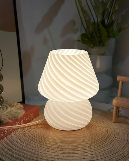 Mushroom Lamps Set of 2 - Small Bedside Table Lamp with Striped Glass, Nightstand Lamp for Bedroom, Living Room, Bulb Included(White) - LeafyLoom