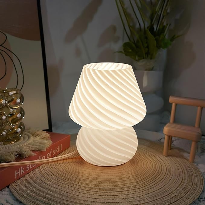 Mushroom Lamps Set of 2 - Small Bedside Table Lamp with Striped Glass, Nightstand Lamp for Bedroom, Living Room, Bulb Included(White) - LeafyLoom