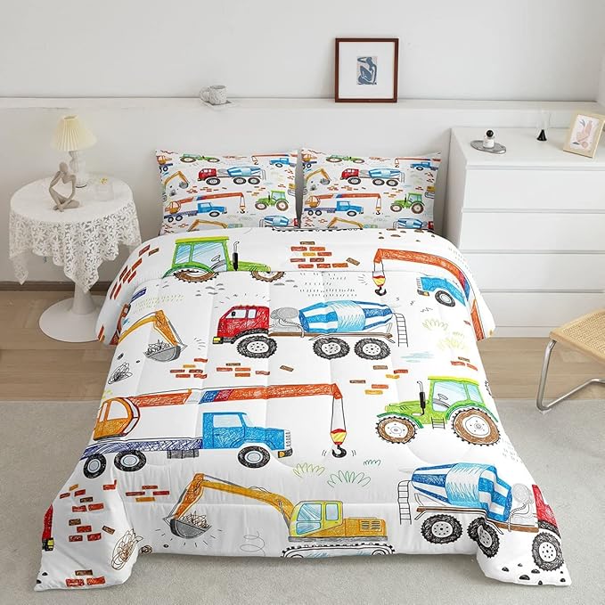 Boys Excavator Bedding Set Construction Vehicles Comforter Set for Kids Girls Watercolor Tractor Crane Truck Comforter Colorful Design Quilt Room 3Pcs Full Size Boys - LeafyLoom