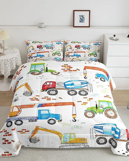 Feelyou Boys Excavator Bedding Set Construction Vehicles Comforter Set for Kids Girls Watercolor Tractor Crane Truck Comforter Colorful Design Quilt Set Room 3Pcs Queen Size - LeafyLoom