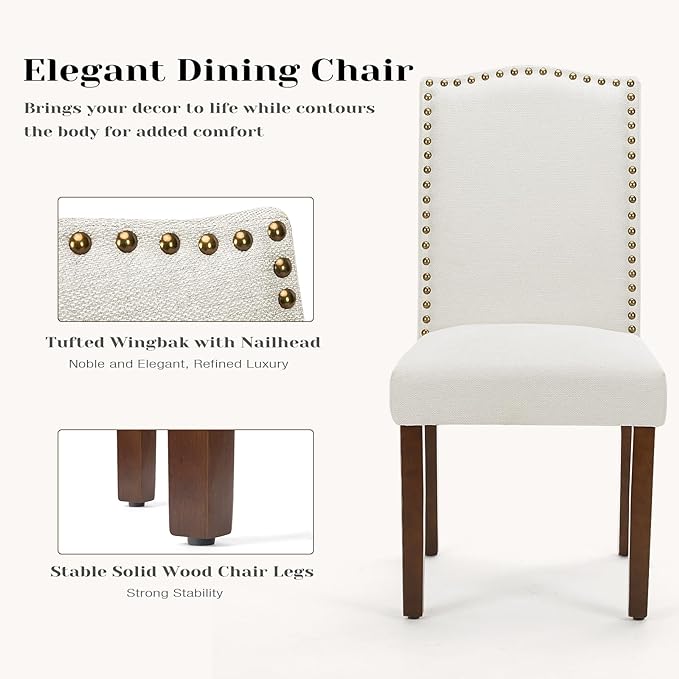 DUMOS Dining Chairs Set of 6, Fabric Dining Room Chairs, Upholstered Parsons Chairs with Nailhead Trim and Wood Legs, Kitchen Side Chair for Dining Living Room,Bedroom - Beige - LeafyLoom