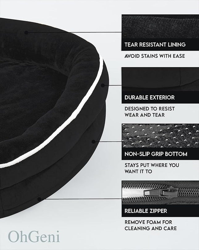 OhGeni Orthopedic Dog Bed Couch for Large Sized Pets with Egg Foam Support, Four-Sided Bolster Cushions, Soft Tear-Resistant Fabric, and Removable Machine Washable Plush Cover 35-Inch (Black) OhGeni