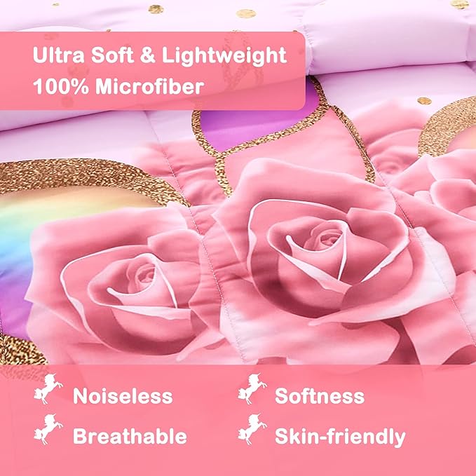 Unicorn Comforter Set Rainbow Soft Girls Unicorn Bedding with 1 Comforter 2 Pillowcases Pink Flower Unicorn Bedding Sets for Teens Girls Queen Size - LeafyLoom