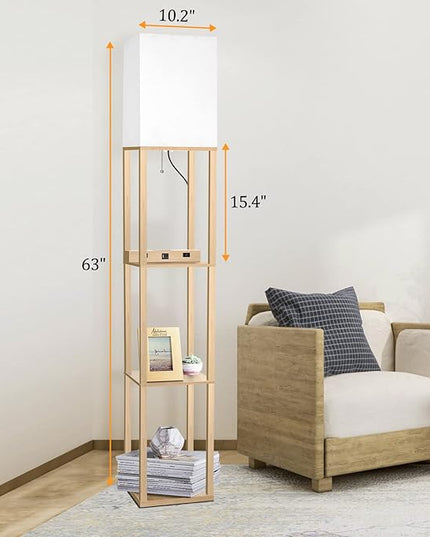 Dott Arts Floor Lamp with Shelves, Shelf Lamp with Wireless Charger & USB A+C Ports & 2 AC Outlets,3 Color Temperature Corner Tall Standing Floor Lamps for Living Room, Bedroom, Office (Burlywood) - LeafyLoom