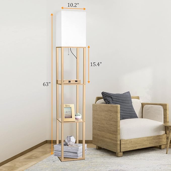 Dott Arts Floor Lamp with Shelves, Shelf Lamp with Wireless Charger & USB A+C Ports & 2 AC Outlets,3 Color Temperature Corner Tall Standing Floor Lamps for Living Room, Bedroom, Office (Burlywood) - LeafyLoom