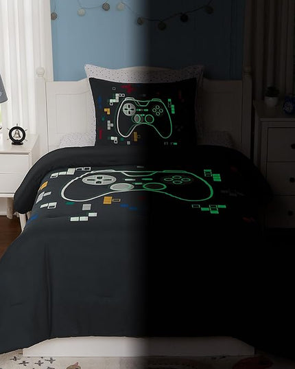 KALEIDOSPACE Kids Bedding Sets for Boys Girls, Glow in The Dark 5 Piece Gamer Twin Bed in A Bag, Ultra Soft Microfiber Kids Bedding for All Season (66"X86" - LeafyLoom