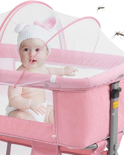 3 in 1 Travel Baby Crib,Baby Bed with Breathable Net,Adjustable Portable Bed for Infant/Baby with Detachable Mosquito net and Mattress,Pink - LeafyLoom