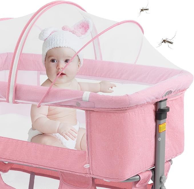 3 in 1 Travel Baby Crib,Baby Bed with Breathable Net,Adjustable Portable Bed for Infant/Baby with Detachable Mosquito net and Mattress,Pink - LeafyLoom
