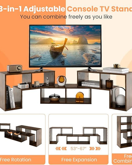 BUSHLY 3 Pieces Console TV Stand, Modern Multimedia Furniture for 50 55 60 65 Inch Flat Screen TV, DIY Open Storage Bookcase Shelf for Storage and Display, Suitable for Living Room Bedroom (Brown) - LeafyLoom