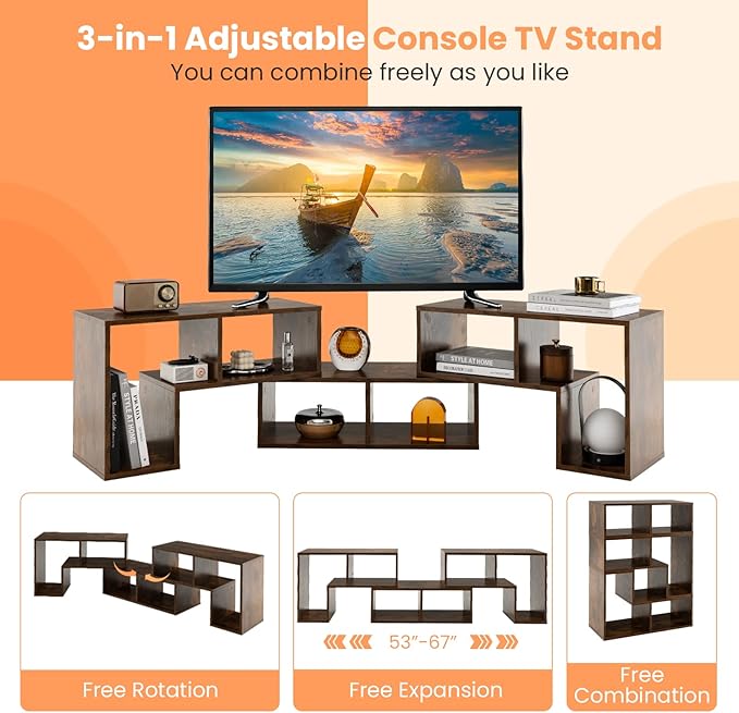 BUSHLY 3 Pieces Console TV Stand, Modern Multimedia Furniture for 50 55 60 65 Inch Flat Screen TV, DIY Open Storage Bookcase Shelf for Storage and Display, Suitable for Living Room Bedroom (Brown) - LeafyLoom
