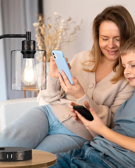 Industrial Touch Table Lamps Set of 2 - Rustic Black Bedside Lamps with 2 USB Ports & AC Outlet, 3-Way Dimmable Nightstand Desk Lamp for Bedroom Living Room Farmhouse, Glass Shade & LED Bulbs Included - LeafyLoom