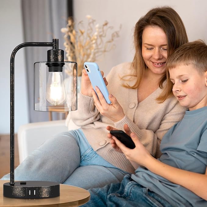 Industrial Touch Table Lamps Set of 2 - Rustic Black Bedside Lamps with 2 USB Ports & AC Outlet, 3-Way Dimmable Nightstand Desk Lamp for Bedroom Living Room Farmhouse, Glass Shade & LED Bulbs Included - LeafyLoom