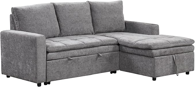 89'' L Shaped Upholstered Convertible Sleeper Sectional Sofa with Storage Chaise and Pull-Out Bed, 3-Seat Reversible Corner Couches for Living Rooms, Offices, Apartment, Gray, 89 Inch - LeafyLoom