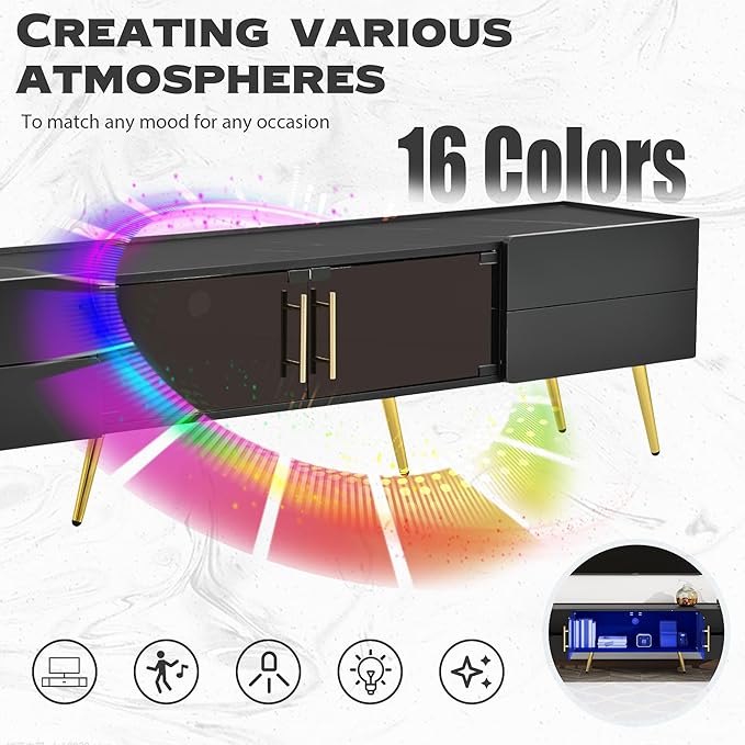 Merax Modern TV Stand for Televisions up to 80 Inches, Entertainment Center with Storage Drawers and Glass Door Cabinet, Marble-patterned Top Media Console Table & Metal Legs for Living Room, Black - LeafyLoom