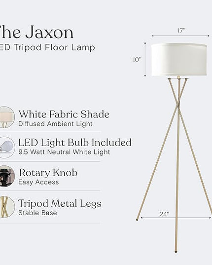 Brightech Jaxon LED Floor lamp, Modern Lamp for Living Rooms & Offices, Tall Lamp with Contemporary Drum Shade, Gold Tripod Standing Lamp for Bedroom Reading, Great Living Room Decor - Brass - LeafyLoom