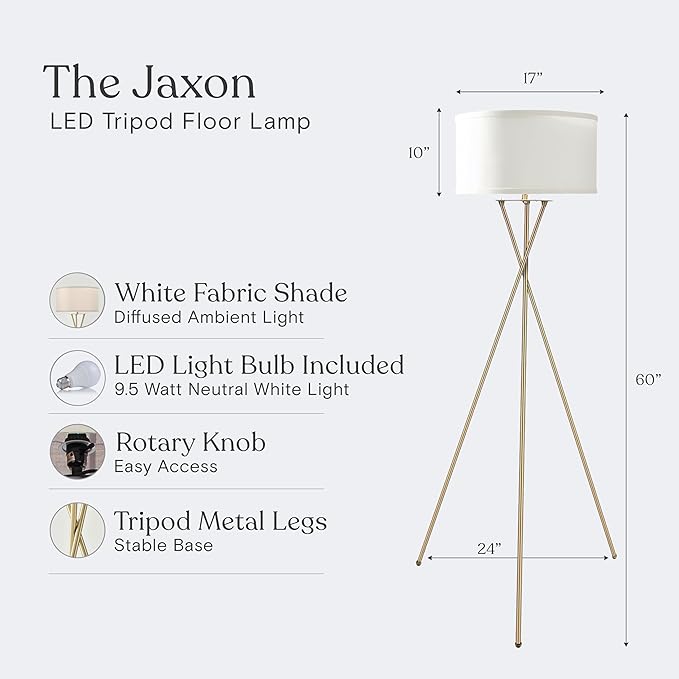 Brightech Jaxon LED Floor lamp, Modern Lamp for Living Rooms & Offices, Tall Lamp with Contemporary Drum Shade, Gold Tripod Standing Lamp for Bedroom Reading, Great Living Room Decor - Brass - LeafyLoom
