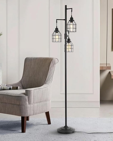 9MMML Floor Lamp for Living Room, Farmhouse Industrial Dimmable Floor lamp,3 Lights Metal Cage Tree Standing Lamp,68", 3Pcs Led Bulbs Included - LeafyLoom