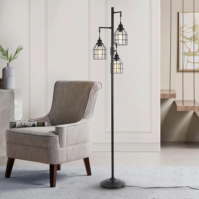 9MMML Floor Lamp for Living Room, Farmhouse Industrial Dimmable Floor lamp,3 Lights Metal Cage Tree Standing Lamp,68", 3Pcs Led Bulbs Included - LeafyLoom