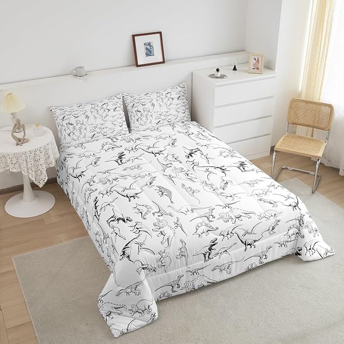 Feelyou Dinosaur Bedding Set Twin Size 3D Digital Print Comforter Set for Kids Boys Girls Decor Jungle Dino Comforter Wild Animal Black and White Duvet Set Bedroom Quilt Set - LeafyLoom