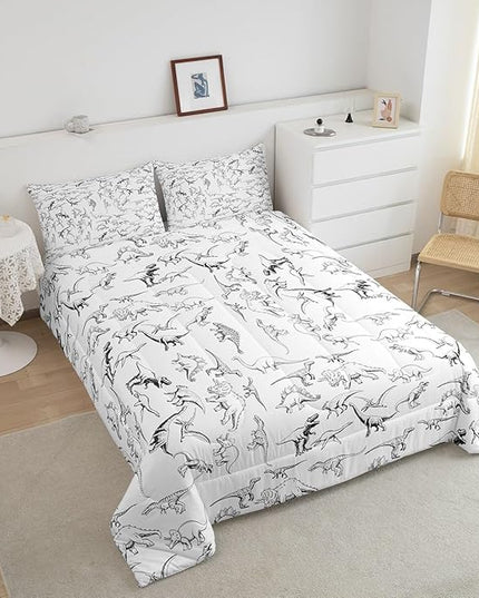 Feelyou Dinosaur Bedding Set Queen Size 3D Digital Print Comforter Set for Kids Boys Girls Decor Jungle Dino Comforter Wild Animal Black and White Duvet Set Bedroom Quilt Set - LeafyLoom