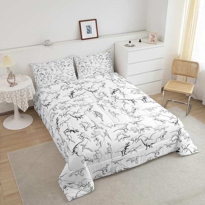 Feelyou Dinosaur Bedding Set Full Size 3D Digital Print Comforter Set for Kids Boys Girls Decor Jungle Dino Comforter Wild Animal Black and White Duvet Set Bedroom Quilt Set - LeafyLoom