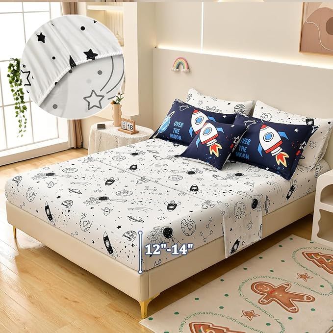 Rocket Comforter Set Full Size, 8 Piece Bed in a Bag Space Bedding Sets for Boys Girls Kids - LeafyLoom