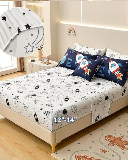 8 Piece Kid Comforter Set Twin Size Bed in a Bag, Space Rocket Bedding Set for Teen Boys Girls - LeafyLoom