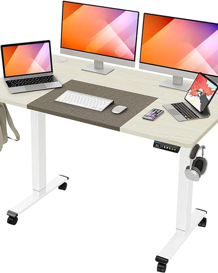 MOUNTUP 55x28 Inches Electric Height Adjustable Standing Desk, Sit Stand Desk with Memory Controller, Ergonomic Stand Up Desk for Home Office with Splice Board, White+Grey - LeafyLoom