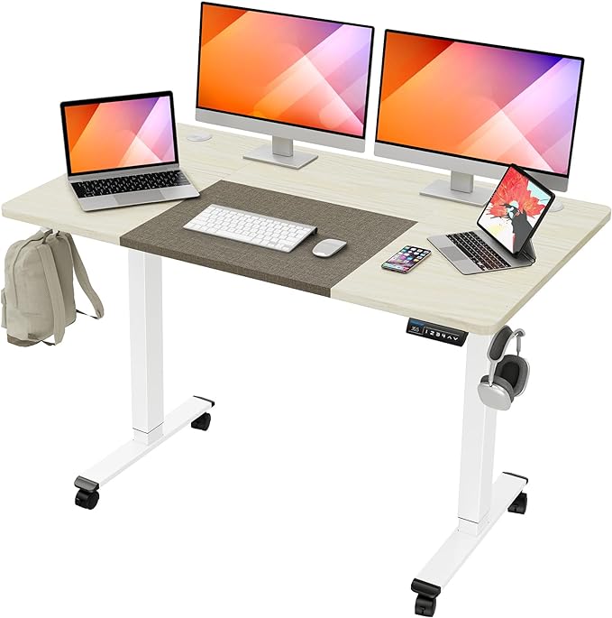 MOUNTUP 55x28 Inches Electric Height Adjustable Standing Desk, Sit Stand Desk with Memory Controller, Ergonomic Stand Up Desk for Home Office with Splice Board, White+Grey - LeafyLoom