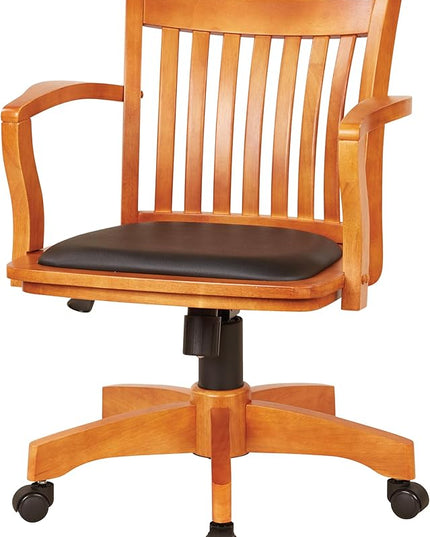 OSP Home Furnishings Deluxe Wood Banker's Desk Chair with Padded Seat, Adjustable Height and Locking Tilt, Fruitwood Finish and Black Vinyl - LeafyLoom