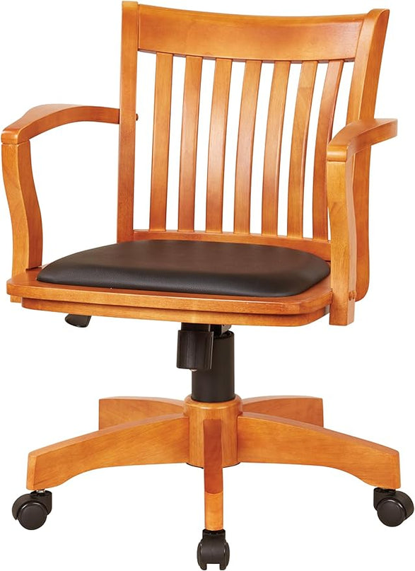 OSP Home Furnishings Deluxe Wood Banker's Desk Chair with Padded Seat, Adjustable Height and Locking Tilt, Fruitwood Finish and Black Vinyl - LeafyLoom
