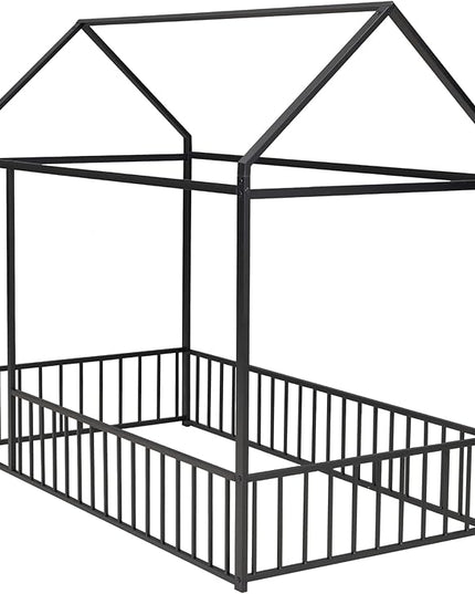 RITSU Twin Size Montessori Floor Bed, Metal House Bedframe with Fence, Robust Construction is Used, for Children'S Rooms, Boys Girls, No Box Spring Needed, Easy Assembly, Black - LeafyLoom