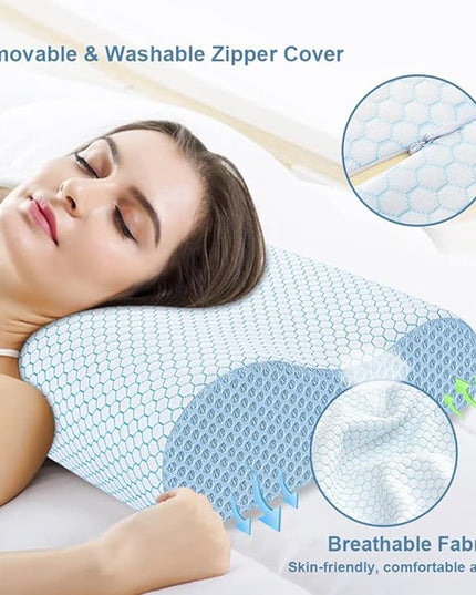 Anvo Memory Foam Pillow, Neck Contour Cervical Orthopedic Pillow for Sleeping Side Back Stomach Sleeper, Ergonomic Bed Pillow for Neck Pain - Blue White, Firm - LeafyLoom