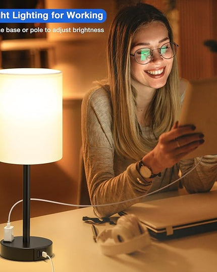 Innqoo White Touch Bedroom Lamps Set - 3 Way Dimmable Bedside Lamps with USB C and A Ports and Outlets, Nightstand Lamps with Black Base, Small Lamps for Nursery Office - LeafyLoom