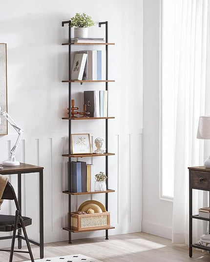 HOOBRO DIY Ladder Shelf, 6-Tier Wooden Wall Mounted Bookshelf, Narrow Bookcase, Display Shelf, Storage Rack, Plant Stand, for Living Room, Bedroom, Study, Balcony, Rustic Brown and Black BF651CJ01 - LeafyLoom